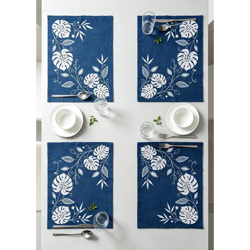 Handmade Indigo Batik Monstera Placemats, Botanical Table Mats, Kitchen Dining